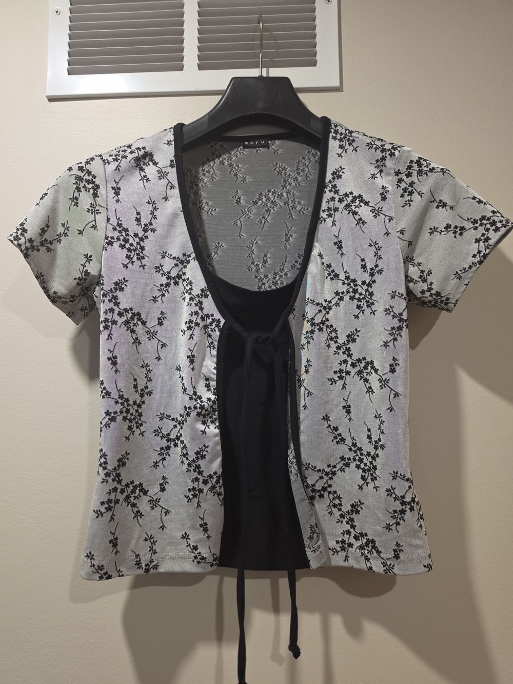 Vintage Y2K ecru Sheer Floral Mesh Tie Front Layered Cami Top Whimsygoth S/M